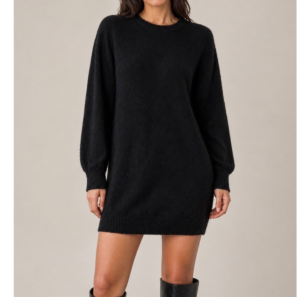 Umgee Black Boucle Knit Long Sleeve Sweater Dress Crew Neck Plus Size 1XL H3